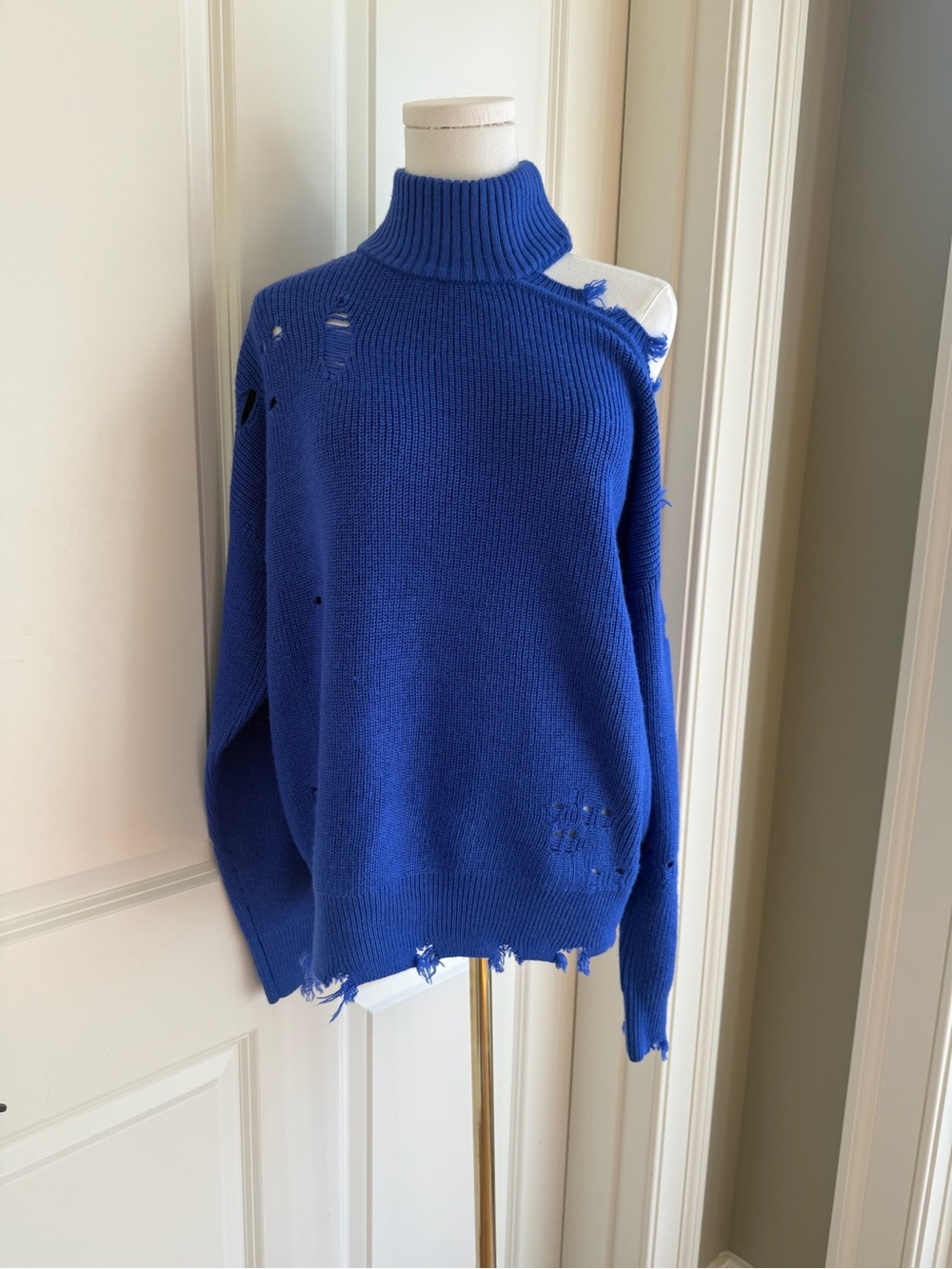 Lovers + Friends Cobalt Distressed Cold-Shoulder Turtleneck Sweater